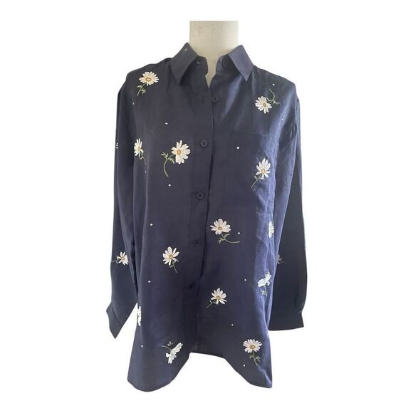 Quacker Factory Blue Floral Button Down Blouse Size Small - Picture 4 of 5